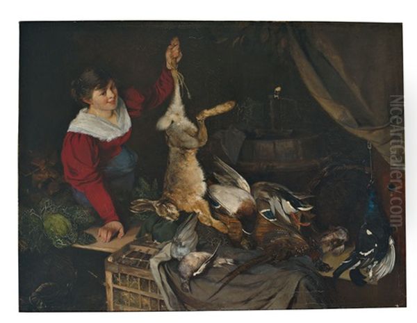 Wildpretverkauferin. Junge Frau Bietet Hasen, Enten Und Tauben An Oil Painting by Marquard (Freiherr) von Leoprechting