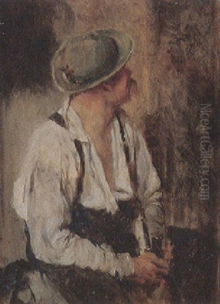 Mannsbild Mit Lederhosen, Offenem Hemd Und Trachtenhut Oil Painting by Marquard (Freiherr) von Leoprechting