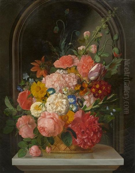 Still Life Of Flowers On A Marble Slab Before A Niche by Francois Lepage