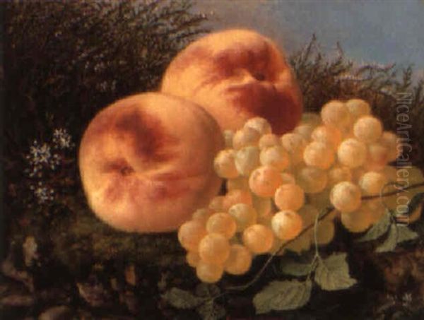 Peaches And Grapes On A Mossy Bank Oil Painting by Francois Lepage