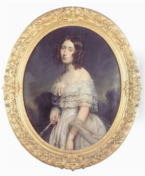 Portrait De Femme A La Robe De Dentelle Blanche Et A L'evantail Oil Painting by Francois Gabriel Guillaume Lepaulle