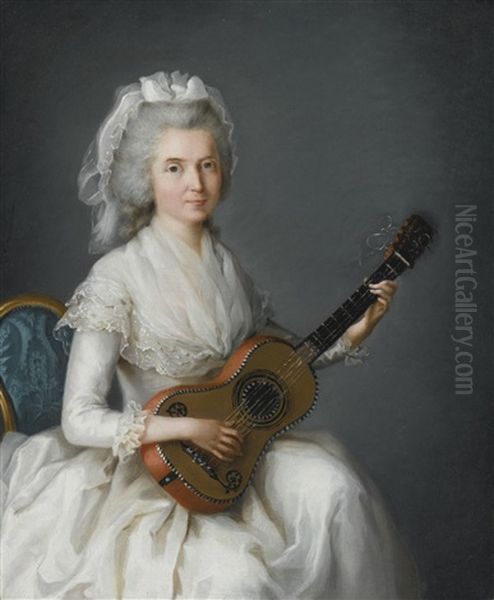 Portrait Of A Lady, Three-quarter Length, In A White Gown And Lace Cap, Seated And Playing A Mandolin Oil Painting by Charles Lepeintre