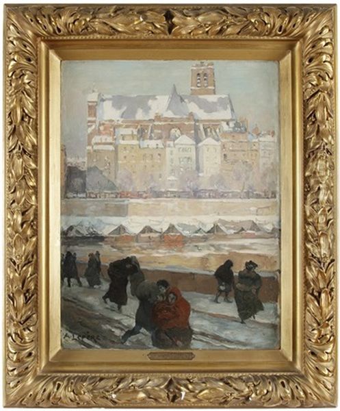 Paris, L'eglise Saint-gervais-saint-protais Et La Seine En Hiver Oil Painting by Auguste Louis Lepere