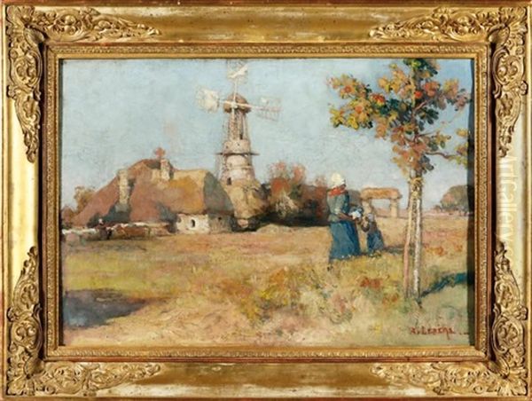 Personnages Aupres D'un Moulin Oil Painting by Auguste Louis Lepere