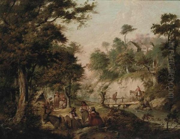 A Wooded Landscape With Gypsies Outside A Tent, Figures On A Wooden Bridge, And A House Beyond Oil Painting by Nicolas Bernard Lepicie