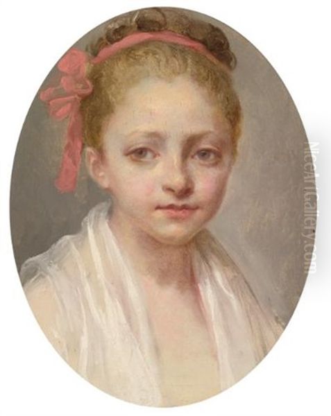 Portrait Of A Girl, Head And Shoulders, Wearing A White Chemise, A Red Ribbon In Her Hair Oil Painting by Nicolas Bernard Lepicie