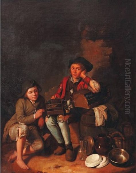 Deux Enfants A La Cage Aux Oiseaux Oil Painting by Nicolas Bernard Lepicie