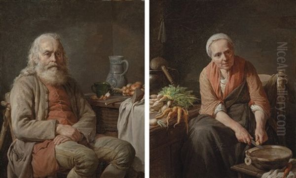 A Bearded Man Seated At A Kitchen Table (+ A Woman Slicing Carrots; Pair) Oil Painting by Nicolas Bernard Lepicie