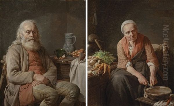 A Bearded Man Seated At A Kitchen Table (+ A Woman Slicing Carrots; Pair) Oil Painting by Nicolas Bernard Lepicie