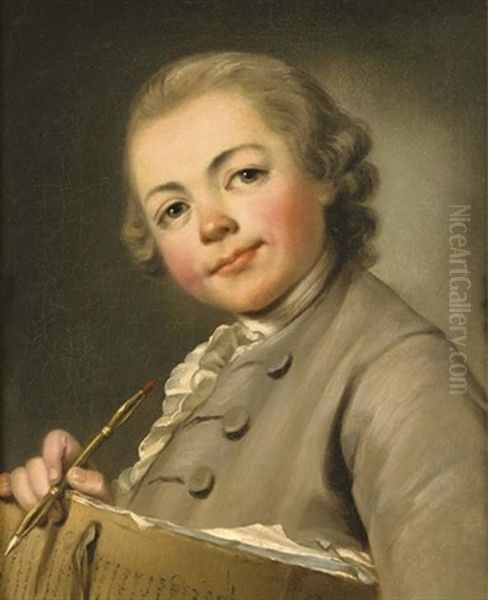 Portrait Of A Young Man, Louis Berthier-bizy (?), Carrying A Drawings Portfolio And Chalk Oil Painting by Nicolas Bernard Lepicie