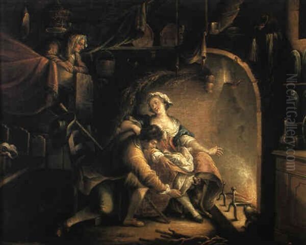 A Lover Surprised By A Serving Girl's Dog At A Fireside Oil Painting by Nicolas Bernard Lepicie