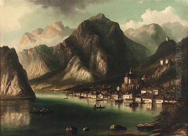 Blick Auf Den Hallstattersee Mit Hallstatt Im Abendlicht Oil Painting by Ferdinand Lepie