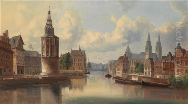 Blick Auf Eine Hollandische Stadt Am Kanal Oil Painting by Ferdinand Lepie