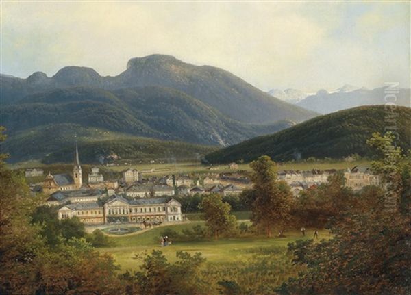 Blick Auf Ischl Und Die Kaiservilla, Im Hintergrund Der Dachstein Oil Painting by Ferdinand Lepie