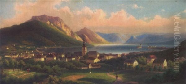 Gmunden Mit Schlos Orth Und Traunstein Oil Painting by Ferdinand Lepie