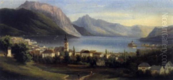 Blick Auf Gmunden Mit Schlos Orth Im Hintergrund Oil Painting by Ferdinand Lepie