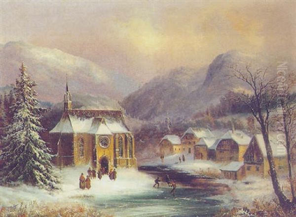 Wintervergnugen Nach Dem Kirchgang (bei Gmunden?) Oil Painting by Ferdinand Lepie