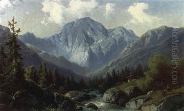 Hochgebirgslandschaft Mit Bauernhaus Am Wildbach by Ferdinand Lepie