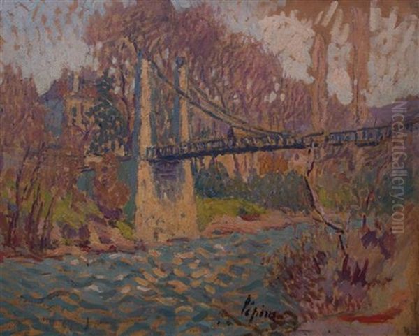 Suspension Bridge Over River Oil Painting by Joseph Louis Lepine