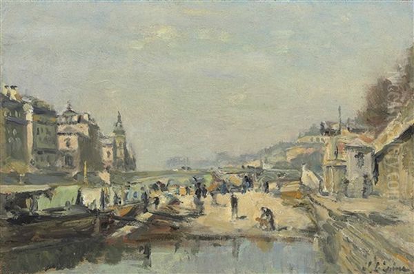 Le Quai Aux Fleurs Et Le Pont D'arcole Oil Painting by Stanislas Lepine