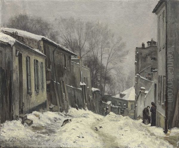 Montmartre, La Rue Du Mont-cenis, Effet De Neige Oil Painting by Stanislas Lepine