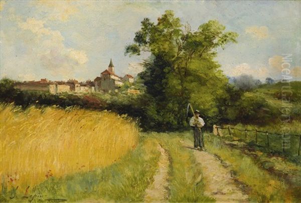 Paysage Normand (la Moisson Aux Environs De Caen) Oil Painting by Stanislas Lepine