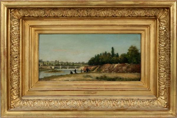 Fishermen Along The Banks Of A River Oil Painting by Stanislas Lepine