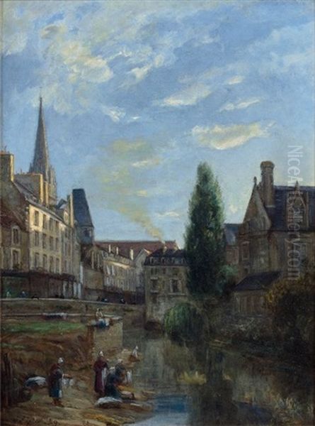 Lavandieres Au Bord D'un Canal A Caen Oil Painting by Stanislas Lepine