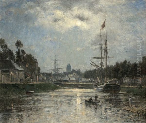 Caen : Le Bassin Saint-pierre Et L'abbaye Aux Dames, Effet De Lune Oil Painting by Stanislas Lepine