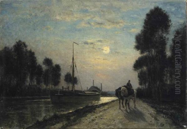 Le Canal De L'ourcq. Chemin De Halage, Effet De Lune Oil Painting by Stanislas Lepine