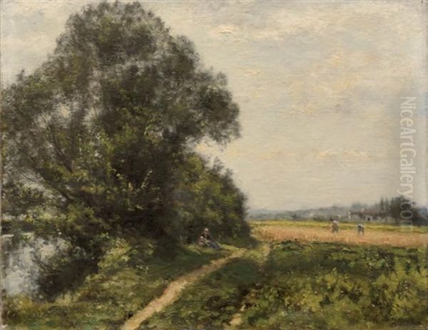 Paysage Anime En Bord De Riviere Oil Painting by Stanislas Lepine