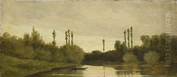 Baumgesaumte Flusslandschaft Mit Ruderboot Oil Painting by Stanislas Lepine