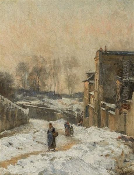 Personnages Dans La Neige, La Rue Cortot, Montmartre Oil Painting by Stanislas Lepine