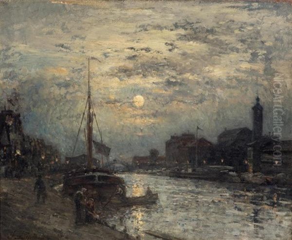 Le Port De Caen, La Nuit Oil Painting by Stanislas Lepine