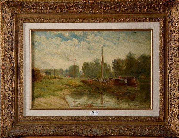 Le Dechargement De La Peniche En Bord De Canal Oil Painting by Stanislas Lepine