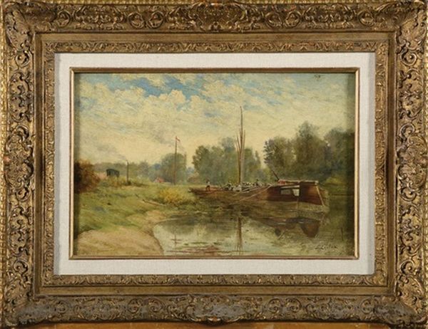 Le Dechargement De La Peniche En Bord De Canal Oil Painting by Stanislas Lepine