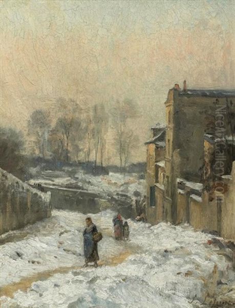 Montmartre. La Rue Cortot, Effet De Neige Oil Painting by Stanislas Lepine