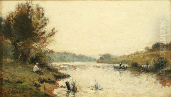 Pecheur Et Promeneur Assis Au Bord De La Riviere Oil Painting by Stanislas Lepine