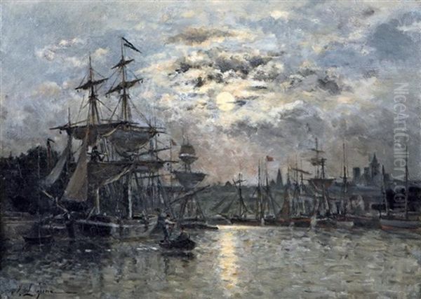 Voiliers A Rouen, Effet De Lune Oil Painting by Stanislas Lepine