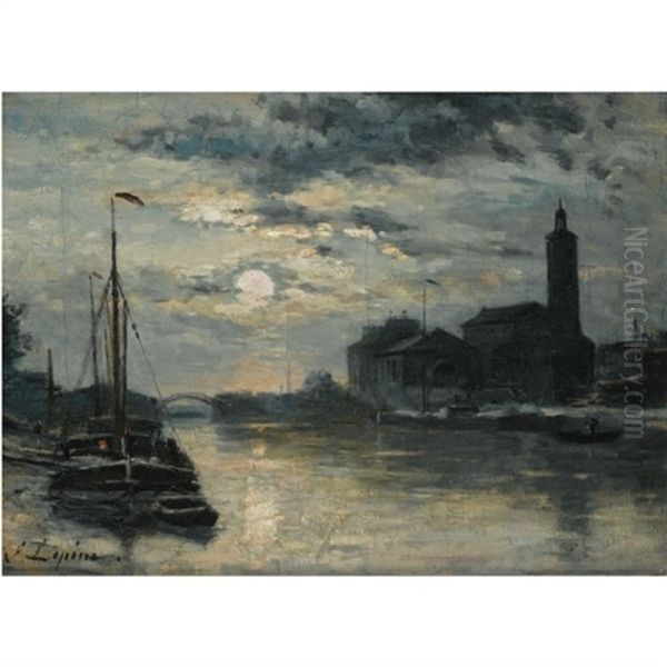 Le Canal De L'ourcq, L'eglise Saint-christophe, Vue Du Quai De La Marne. Effet De Lune by Stanislas Lepine