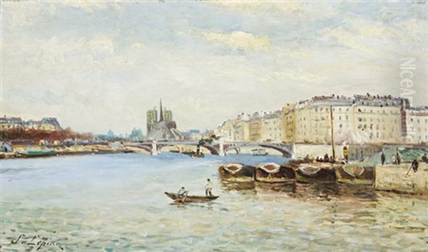 View Of The Seine Toward Pont Sully And Notre Dame by Stanislas Lepine