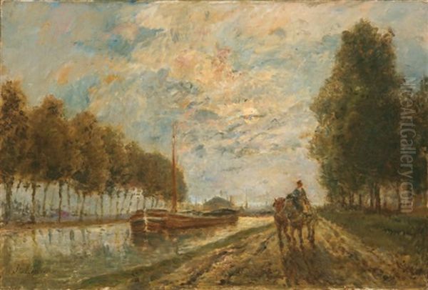 Le Canal De L'ourcq. Chemin De Halage. Effet De Lune Oil Painting by Stanislas Lepine