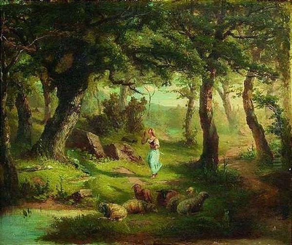 Junge Schafhirtin Mit Ihren Tieren In Einem Wald Oil Painting by Stanislas Lepine