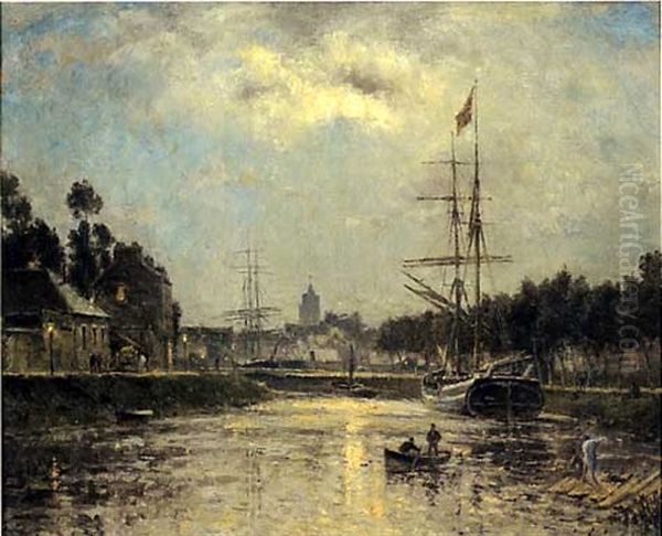 Caen Le Bassin Saint Pierre Et L'abbaye Aux Dames, Effet De Lune Oil Painting by Stanislas Lepine