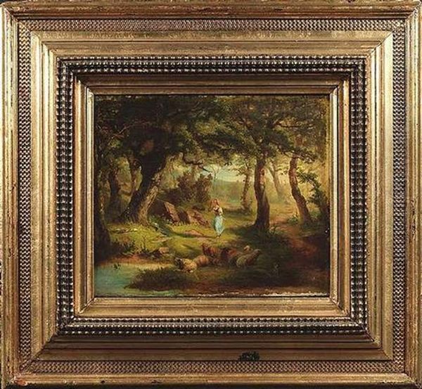 Junge Schafhirtin Mit Ihren Tieren In Einem Wald Oil Painting by Stanislas Lepine