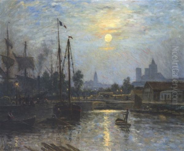 Caen Le Long De L'orne. Cours Caffarelli. Effet De Lune Oil Painting by Stanislas Lepine