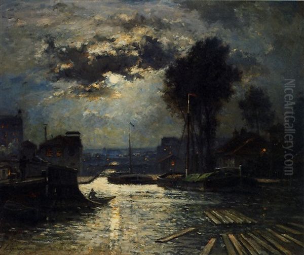 Le Canal Saint-denis Vu De La Darse De Metz, Paris Oil Painting by Stanislas Lepine