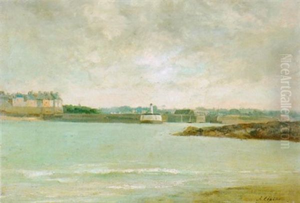 Kustenlandschaft Mit Hafeneinfahrt Und Leuchtturm Oil Painting by Stanislas Lepine