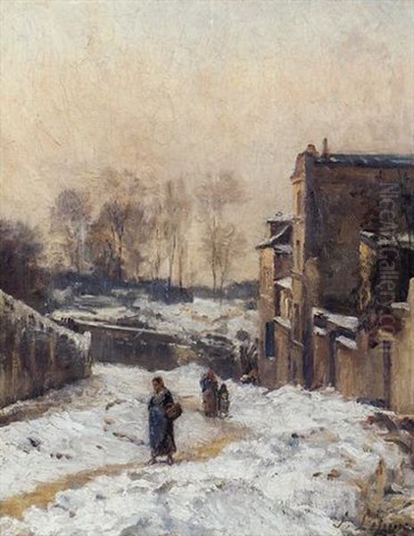 Montmartre, La Rue Cortot, Effet De Neige Oil Painting by Stanislas Lepine