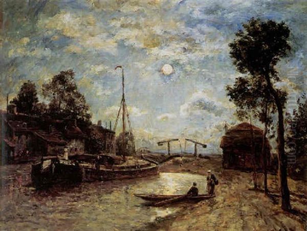 L'ecluse Du Canal Saint-denis, Clair De Lune Oil Painting by Stanislas Lepine